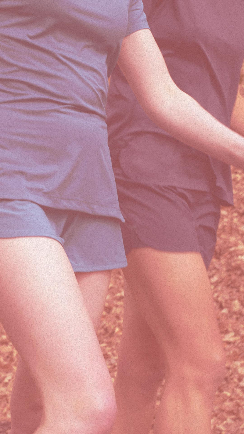 Briony and Hannah wearing Dryad Eido running shorts made from second-life fibres.