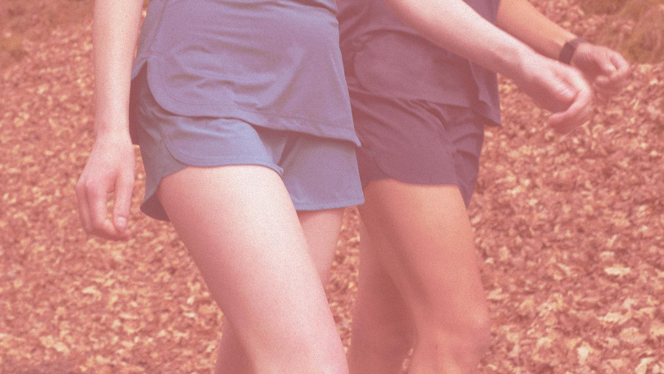 Briony and Hannah wearing Dryad Eido running shorts made from second-life fibres.