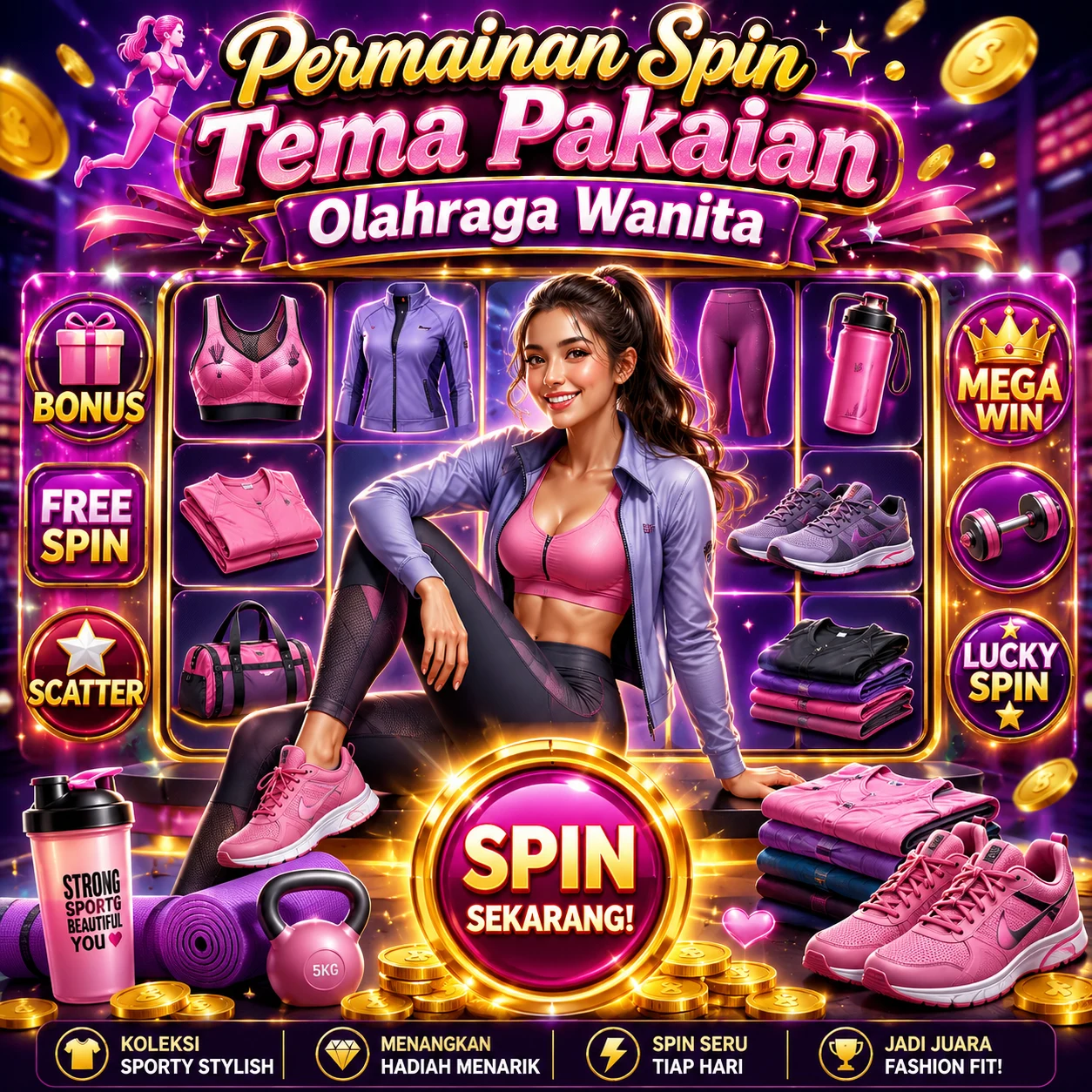 Banner permainan online Dryad Games bertema pakaian olahraga wanita